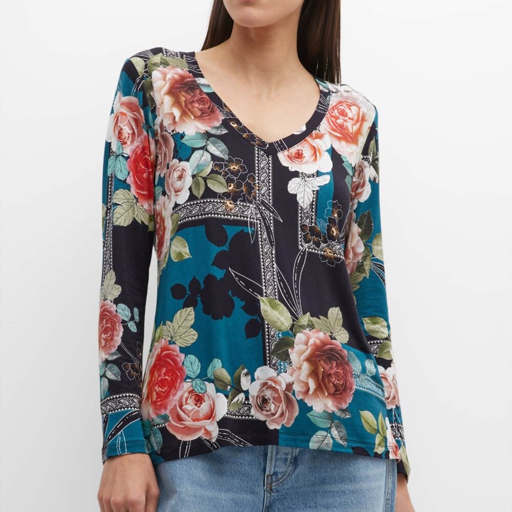 NWOT Johnny Was Multicolor Floral V-Neck Tee Long Sleeve T-Shirt Size S